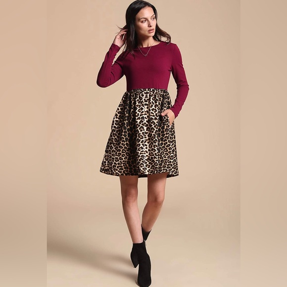 Casual T-Shirt Dress with Pockets Stretchy Long Sleeve Wine & Leopard Print XXL - Picture 5 of 9